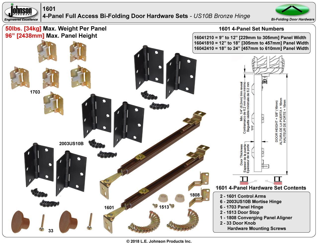 For Use With 3//4-1-3//4 in Door Thickness Johnson 1700 Door Hardware Set 15 X 4 in W Panel