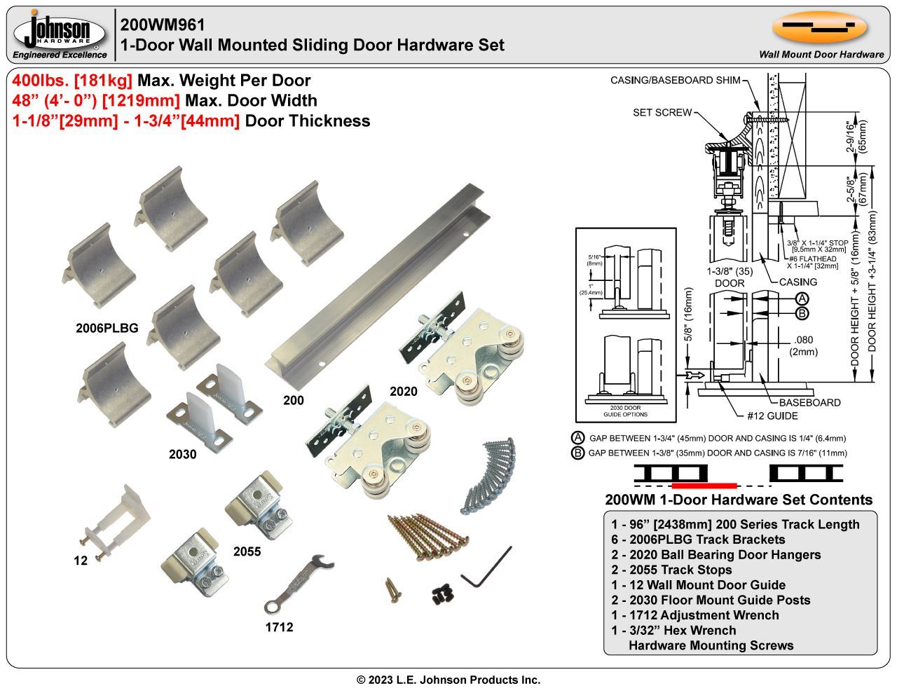 Johnson Hardware Herrajes para puertas correderas y de bolsillo de grado  comercial 200PD (96)